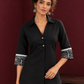 Classic Black Cotton Shirt with Collared Neckline and Contrast Printed Sleeve Cuffs — styled view