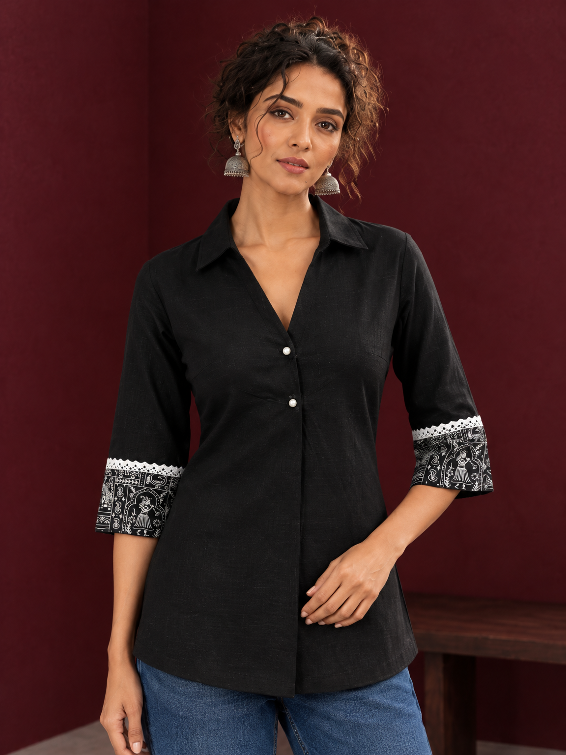 Classic Black Cotton Shirt with Collared Neckline and Contrast Printed Sleeve Cuffs — styled view