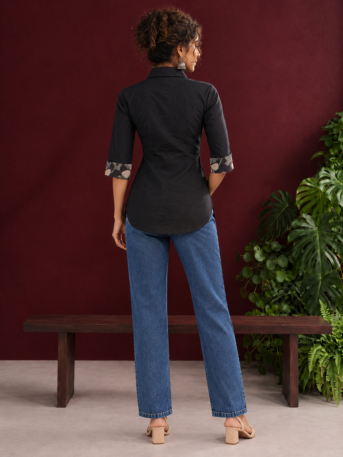 Timeless Black Cotton Shirt with Contrast Floral Print Cuffs and Maroon Button Placket — back view