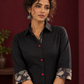Timeless Black Cotton Shirt with Contrast Floral Print Cuffs and Maroon Button Placket — fabric detail