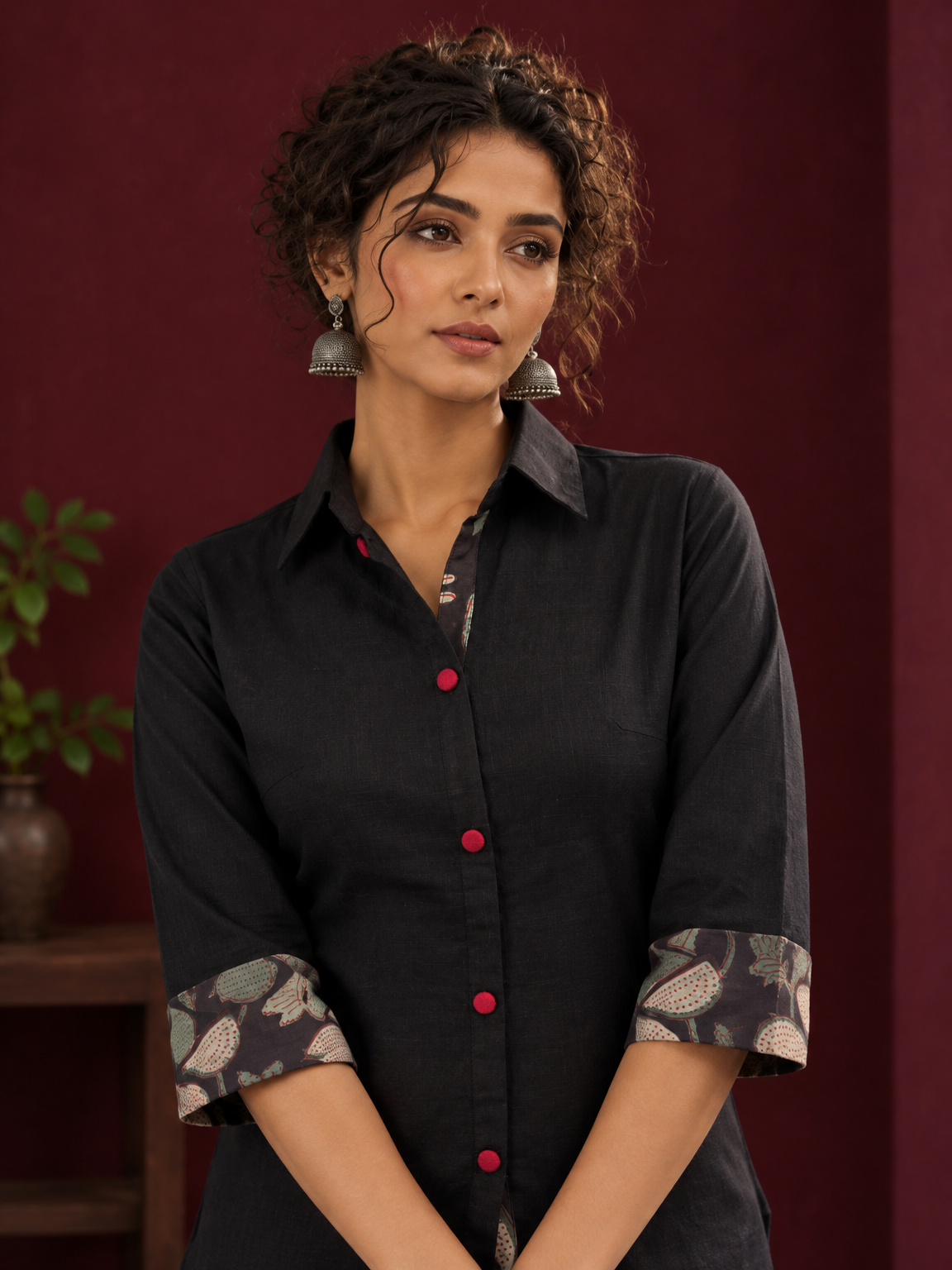 Timeless Black Cotton Shirt with Contrast Floral Print Cuffs and Maroon Button Placket — fabric detail
