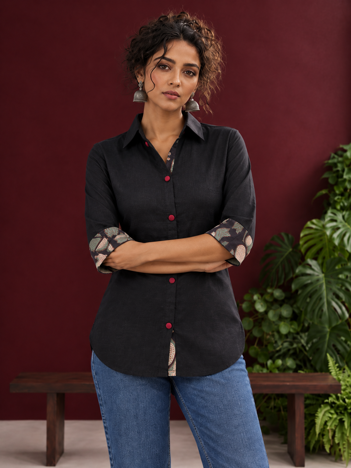 Timeless Black Cotton Shirt with Contrast Floral Print Cuffs and Maroon Button Placket — styled view