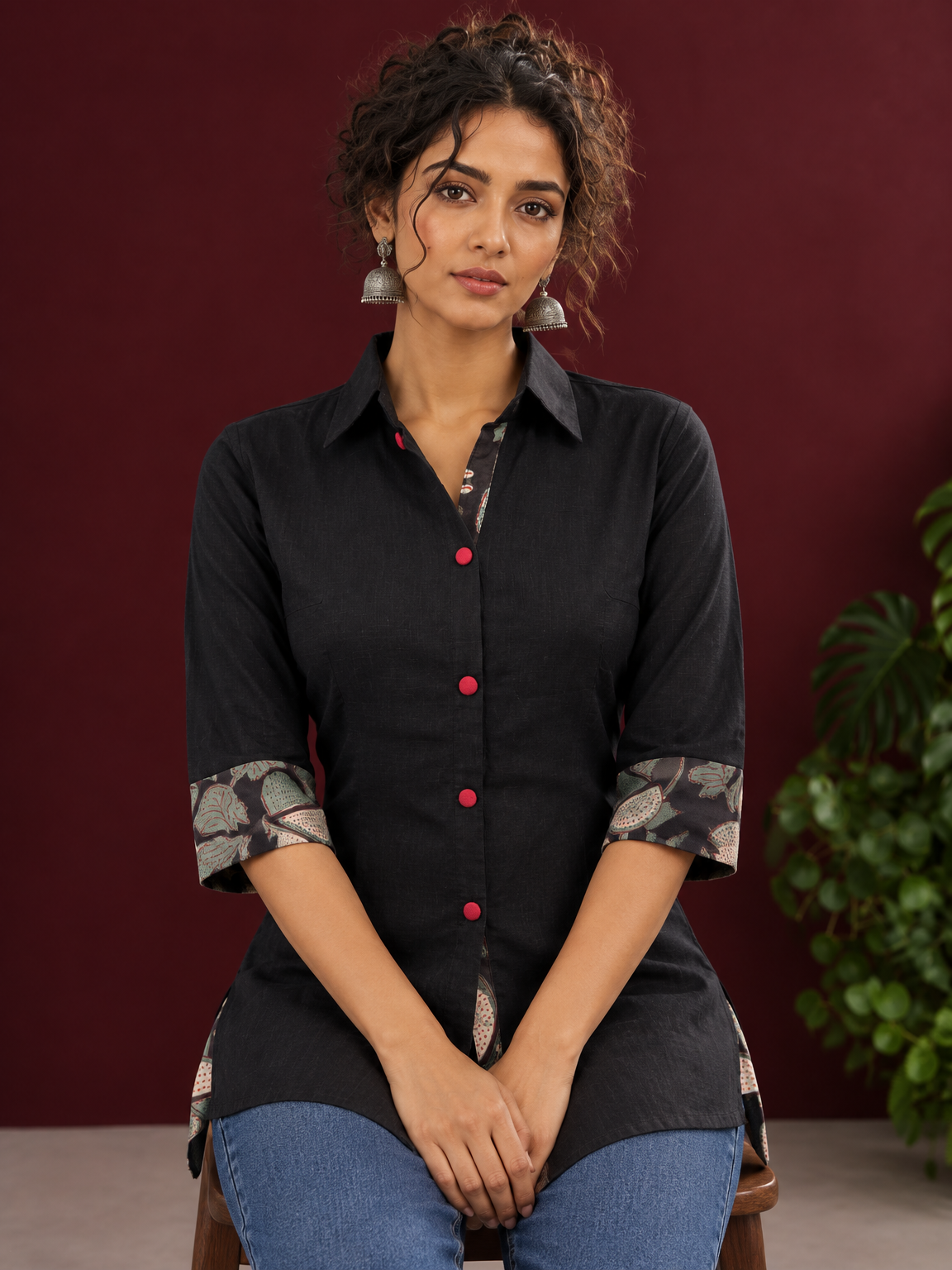 Timeless Black Cotton Shirt with Contrast Floral Print Cuffs and Maroon Button Placket — seated detail