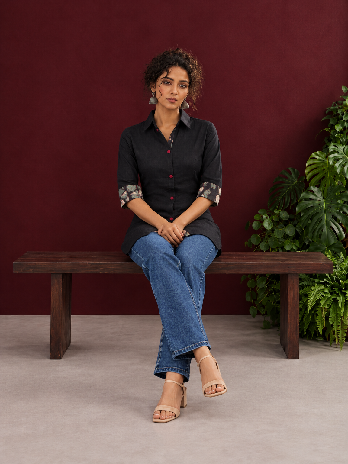 Timeless Black Cotton Shirt with Contrast Floral Print Cuffs and Maroon Button Placket — seated