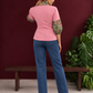 Vibrant Pink Cotton Shirt with Contrast Green Floral Print Collar and Balloon Sleeves — back view