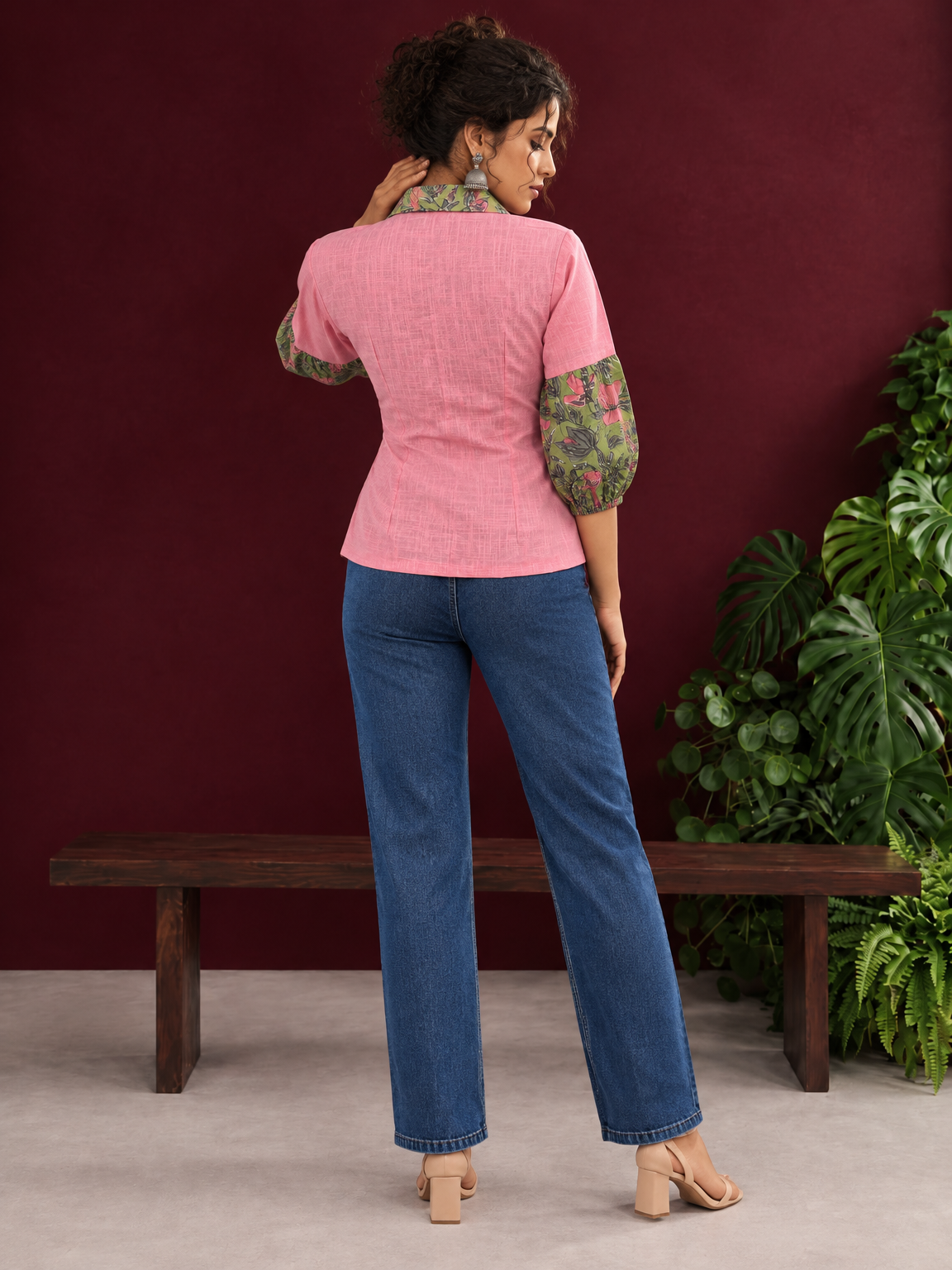 Vibrant Pink Cotton Shirt with Contrast Green Floral Print Collar and Balloon Sleeves — back view