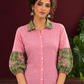 Vibrant Pink Cotton Shirt with Contrast Green Floral Print Collar and Balloon Sleeves — fabric detail