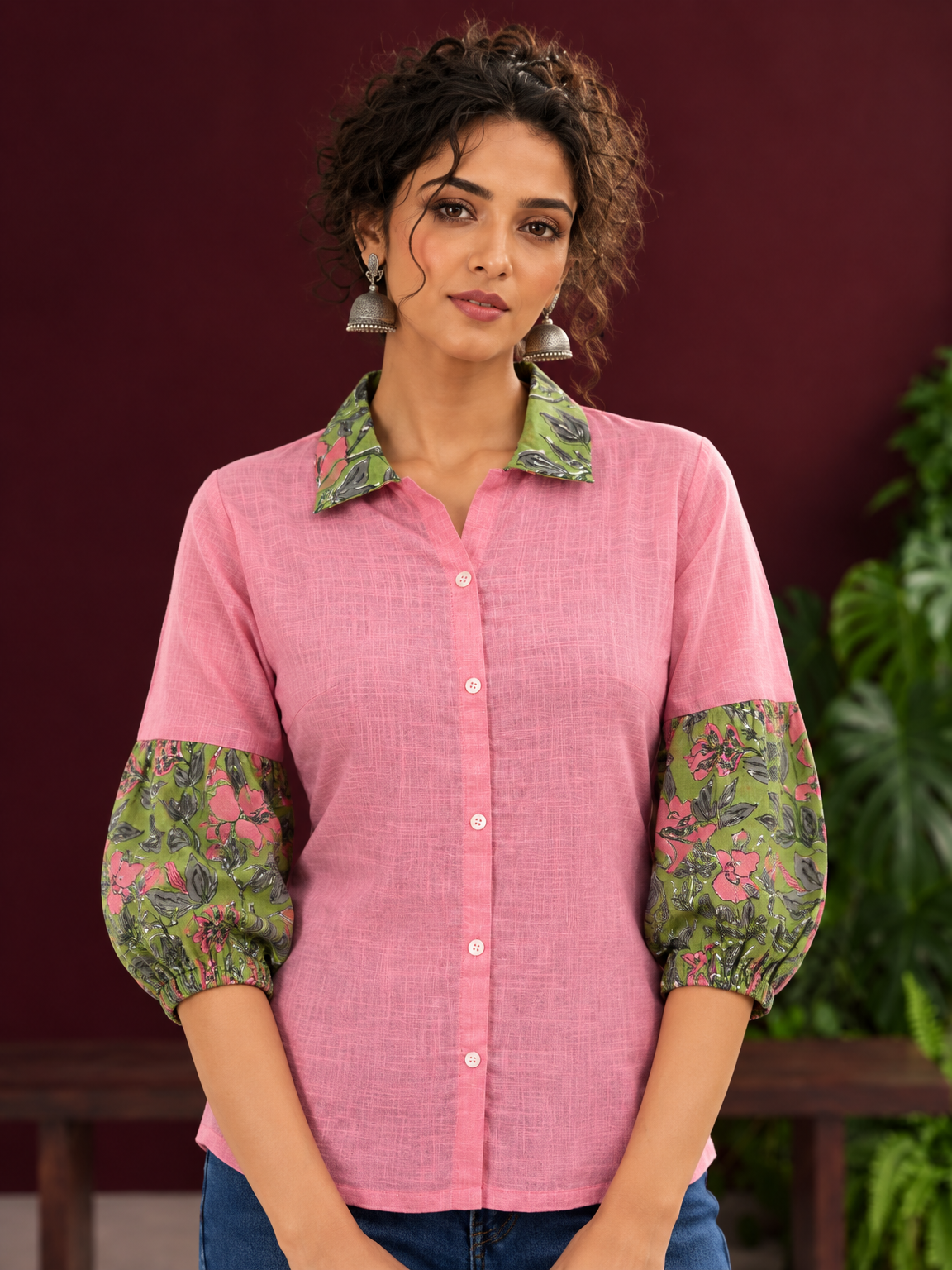 Vibrant Pink Cotton Shirt with Contrast Green Floral Print Collar and Balloon Sleeves — fabric detail