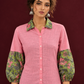 Vibrant Pink Cotton Shirt with Contrast Green Floral Print Collar and Balloon Sleeves — styled view