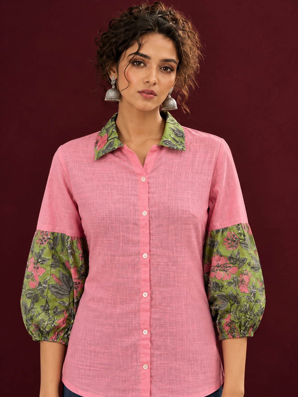 Vibrant Pink Cotton Shirt with Contrast Green Floral Print Collar and Balloon Sleeves — styled view