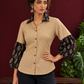 Beige Cotton Shirt with Contrast Black Ajrakh Floral Print Collar & Balloon Sleeve Cuffs — fabric detail