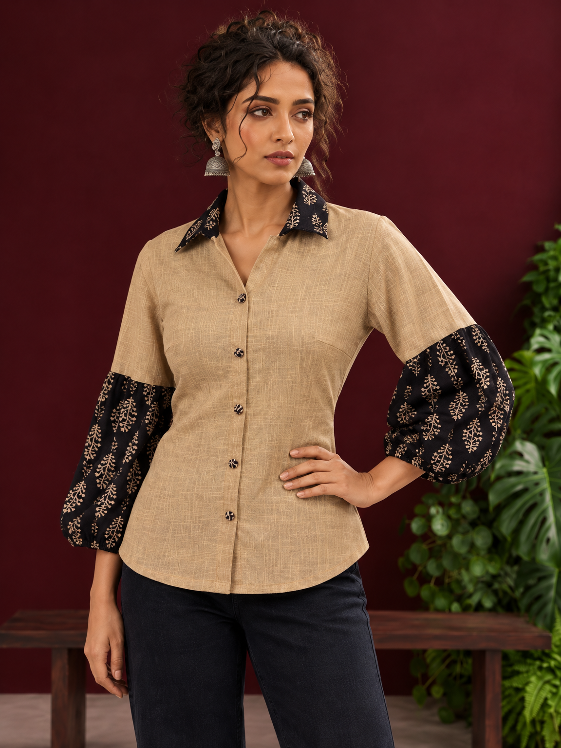 Beige Cotton Shirt with Contrast Black Ajrakh Floral Print Collar & Balloon Sleeve Cuffs — fabric detail