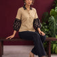 Beige Cotton Shirt with Contrast Black Ajrakh Floral Print Collar & Balloon Sleeve Cuffs — seated