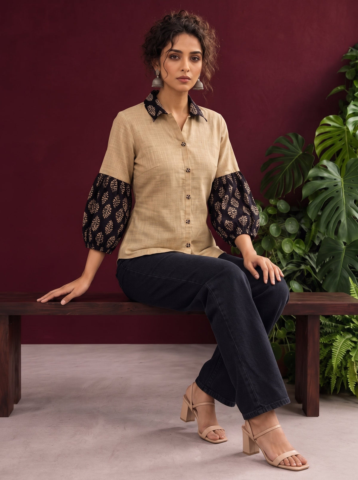 Beige Cotton Shirt with Contrast Black Ajrakh Floral Print Collar & Balloon Sleeve Cuffs — seated