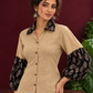 Beige Cotton Shirt with Contrast Black Ajrakh Floral Print Collar & Balloon Sleeve Cuffs — styled view