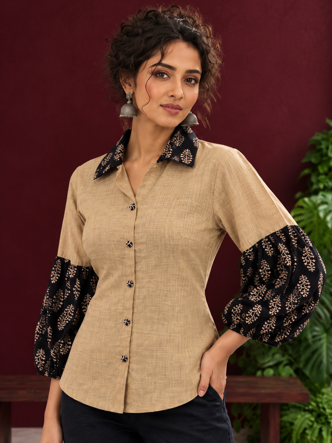 Beige Cotton Shirt with Contrast Black Ajrakh Floral Print Collar & Balloon Sleeve Cuffs — styled view