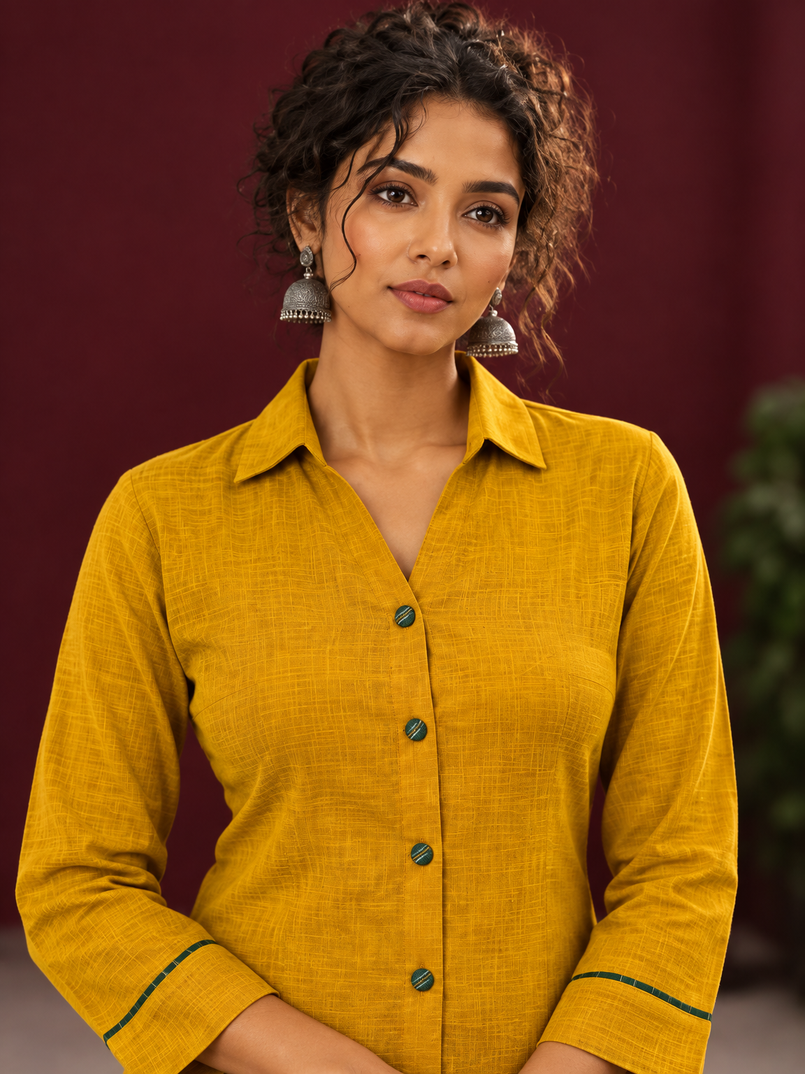 Mustard Yellow Cotton Shirt with Contrast Green Ikat Border Hem and Buttons — fabric detail