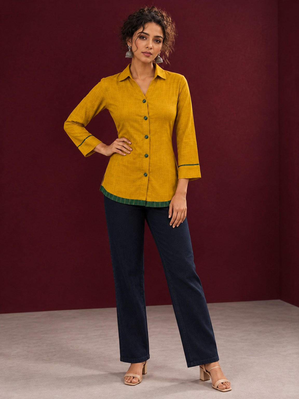 Mustard Yellow Cotton Shirt with Contrast Green Ikat Border Hem and Buttons — front view