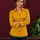 Mustard Yellow Cotton Shirt with Contrast Green Ikat Border Hem and Buttons — styled view