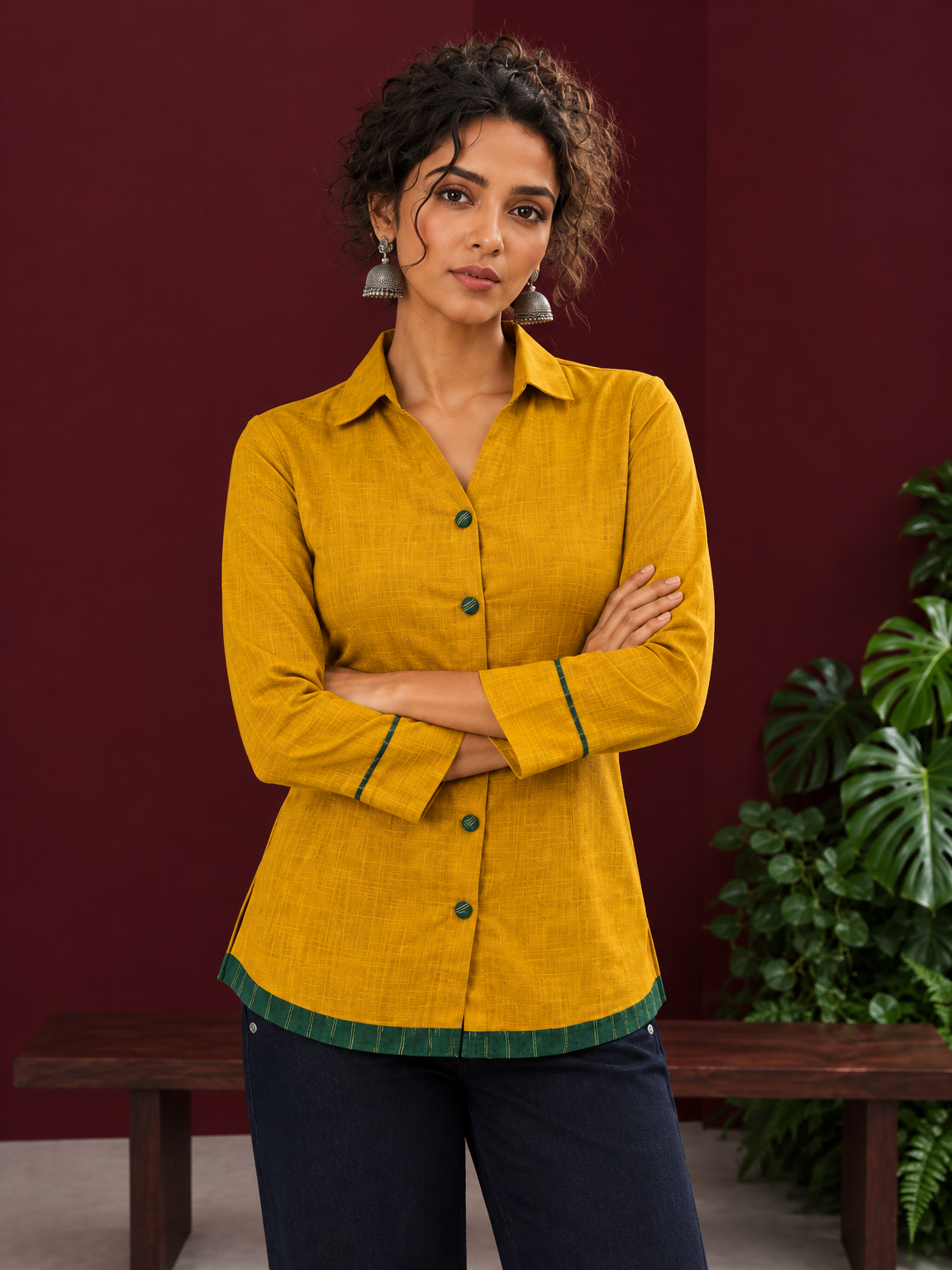 Mustard Yellow Cotton Shirt with Contrast Green Ikat Border Hem and Buttons — styled view