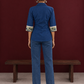 Elegant Navy Blue Cotton Shirt with Floral Print Indigo Cuffs — back view