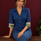 Elegant Navy Blue Cotton Shirt with Floral Print Indigo Cuffs — fabric detail