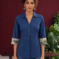 Elegant Navy Blue Cotton Shirt with Floral Print Indigo Cuffs — styled view