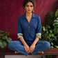 Elegant Navy Blue Cotton Shirt with Floral Print Indigo Cuffs — seated