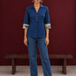 Elegant Navy Blue Cotton Shirt with Floral Print Indigo Cuffs — front view