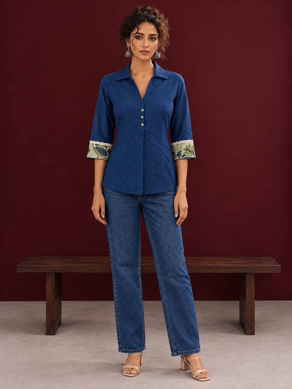 Elegant Navy Blue Cotton Shirt with Floral Print Indigo Cuffs — front view