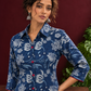 Indigo Blue Cotton Shirt with Floral Print and Contrast Maroon Button Placket — fabric detail