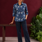 Indigo Blue Cotton Shirt with Floral Print and Contrast Maroon Button Placket — front view