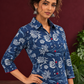 Indigo Blue Cotton Shirt with Floral Print and Contrast Maroon Button Placket — styled view