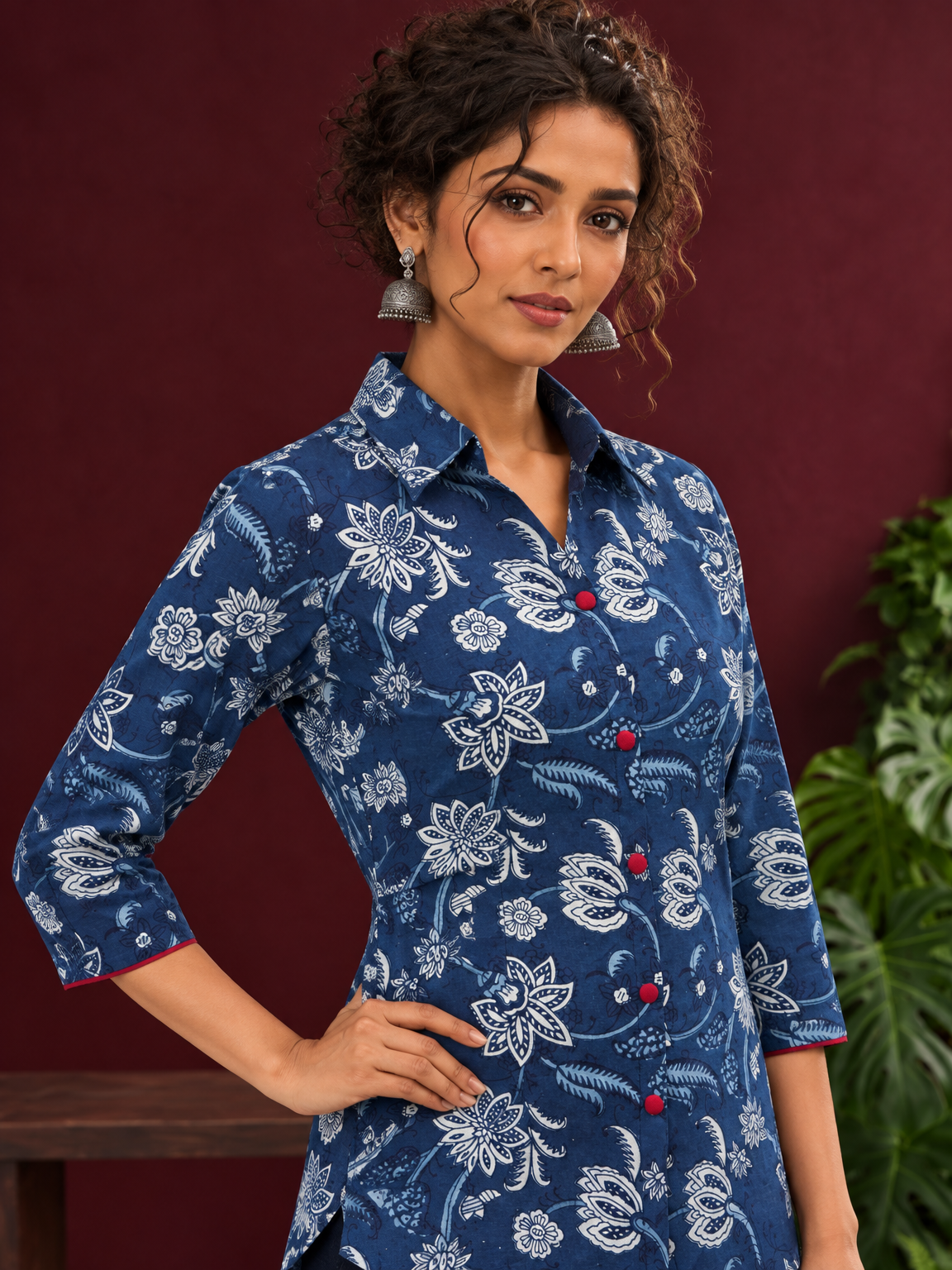 Indigo Blue Cotton Shirt with Floral Print and Contrast Maroon Button Placket — styled view