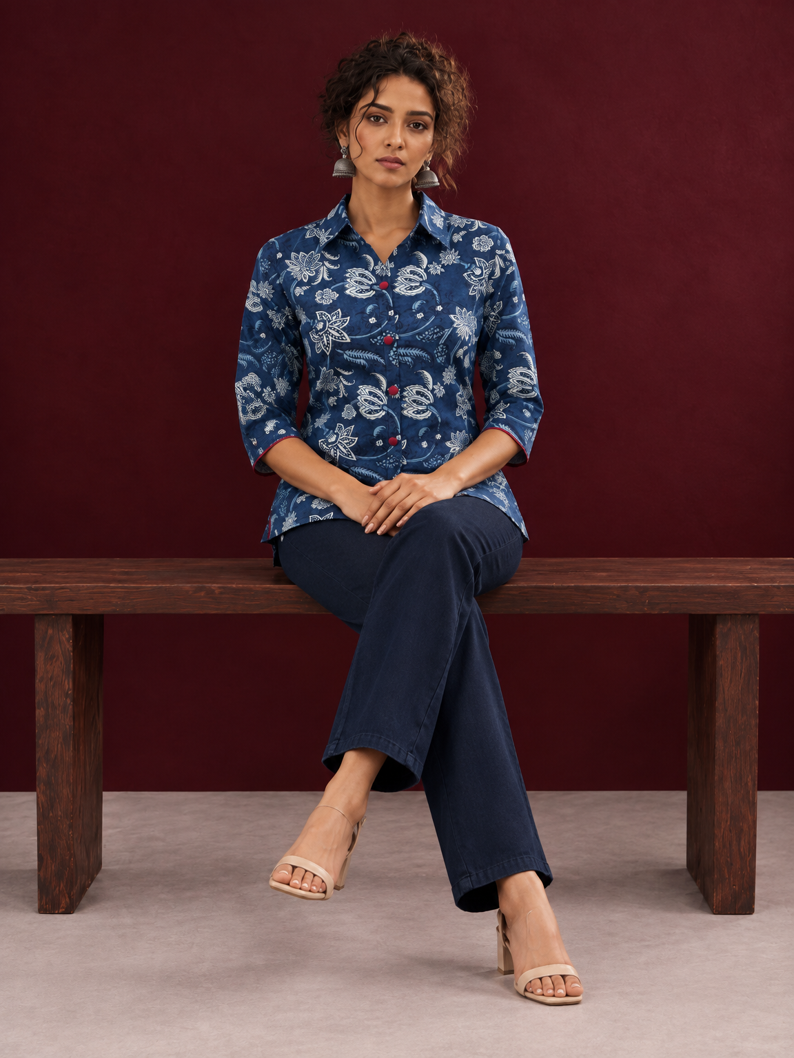 Indigo Blue Cotton Shirt with Floral Print and Contrast Maroon Button Placket — seated