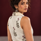 Cream Cotton Sleeveless Shirt with Collared Neckline and Botanical Leaf Print — fabric detail