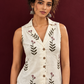Cream Cotton Sleeveless Shirt with Collared Neckline and Botanical Leaf Print — styled view