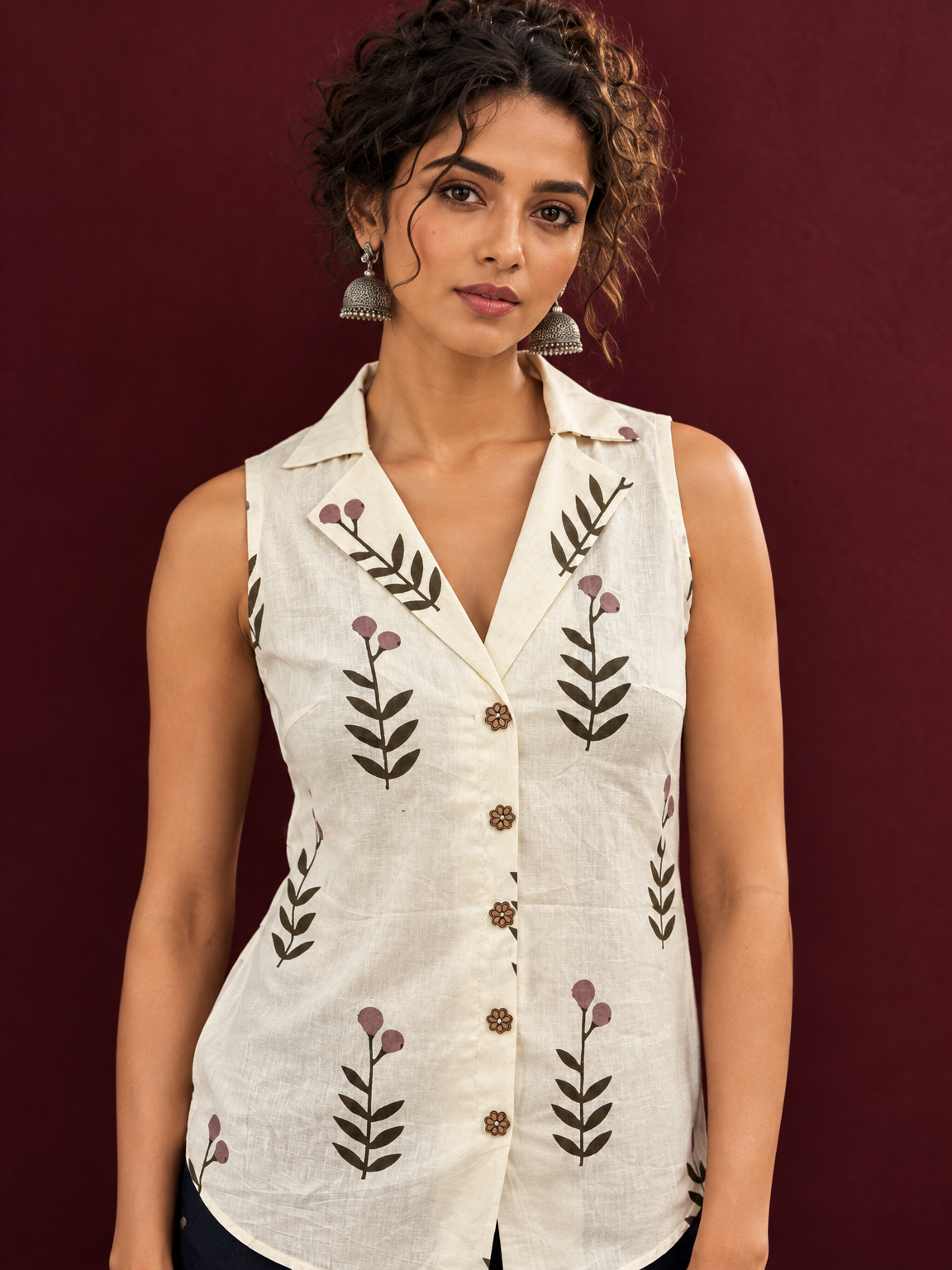 Cream Cotton Sleeveless Shirt with Collared Neckline and Botanical Leaf Print — styled view