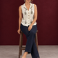 Cream Cotton Sleeveless Shirt with Collared Neckline and Botanical Leaf Print — seated