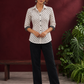 Classic White Cotton Shirt with Black Polka Dot Print and Contrast Lace Cuff Detail — front view