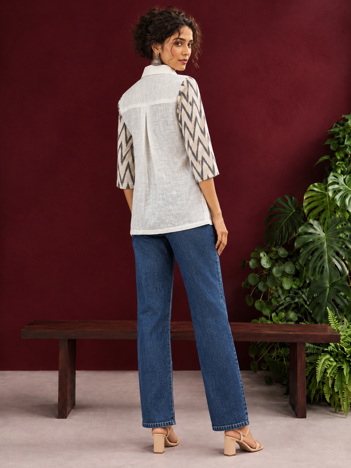 White Cotton Shirt with Contrast Grey Ikat Zigzag Print Sleeves — back view