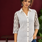White Cotton Shirt with Contrast Grey Ikat Zigzag Print Sleeves — fabric detail