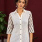White Cotton Shirt with Contrast Grey Ikat Zigzag Print Sleeves — styled view
