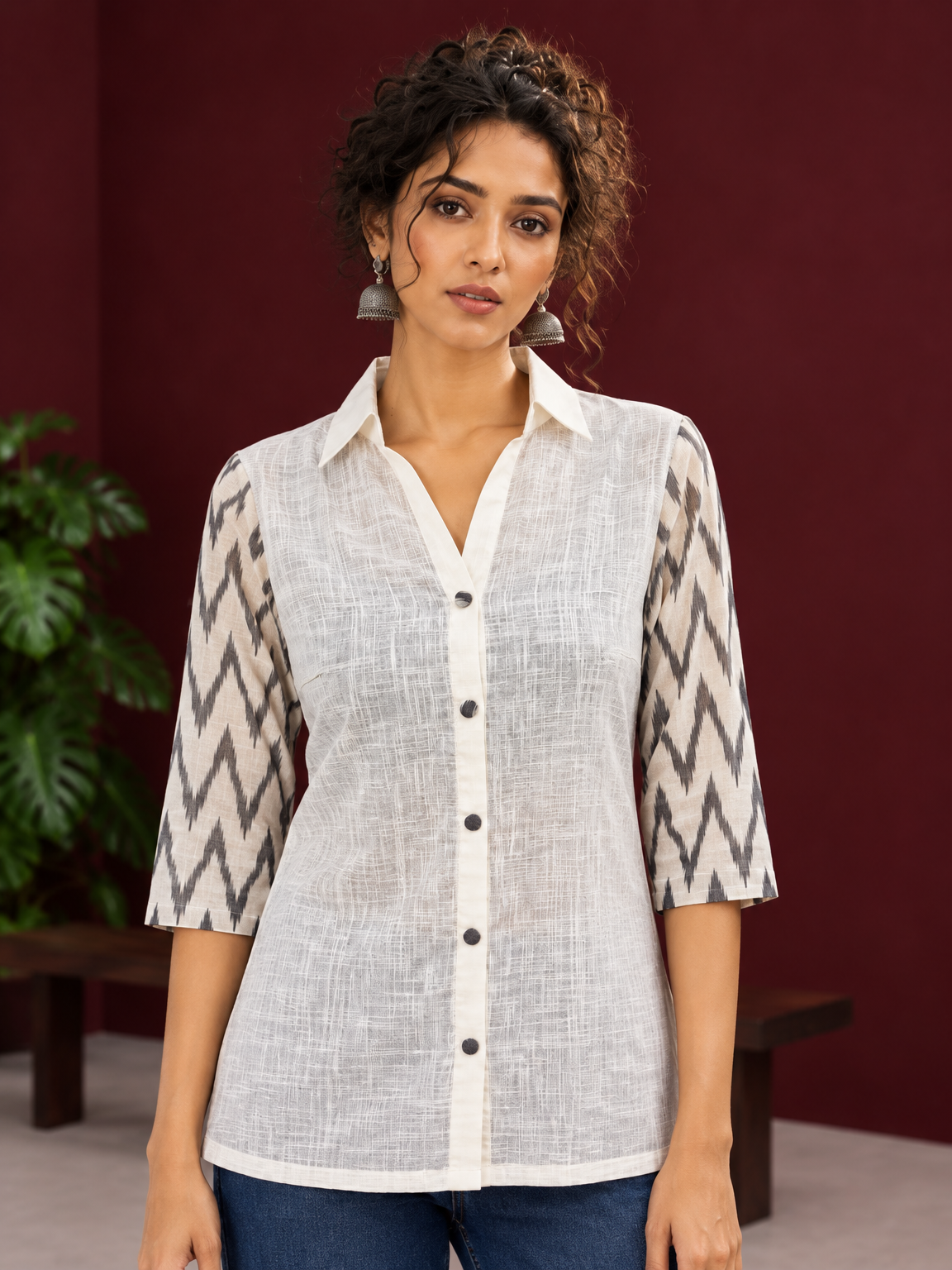 White Cotton Shirt with Contrast Grey Ikat Zigzag Print Sleeves — styled view