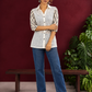 White Cotton Shirt with Contrast Grey Ikat Zigzag Print Sleeves — front view