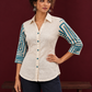 Classic Off-White Cotton Shirt with Teal Abstract Printed Sleeves and Collared Neckline — fabric detail