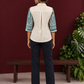 Classic Off-White Cotton Shirt with Teal Abstract Printed Sleeves and Collared Neckline — back view