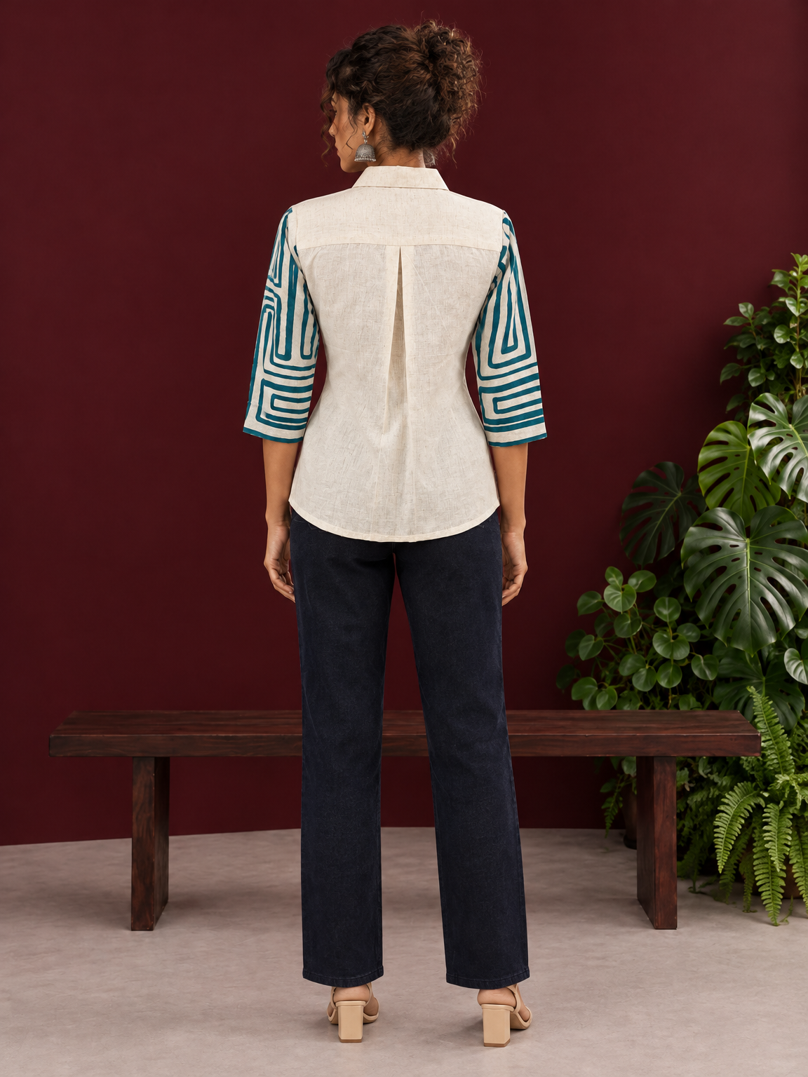 Classic Off-White Cotton Shirt with Teal Abstract Printed Sleeves and Collared Neckline — back view
