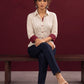 Classic Off-White Cotton Shirt with Maroon Printed Placket & Contrast Sleeve Cuffs — seated
