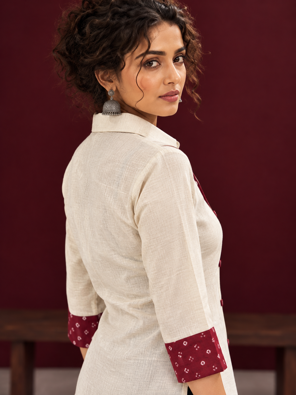 Classic Off-White Cotton Shirt with Maroon Printed Placket & Contrast Sleeve Cuffs — fabric detail